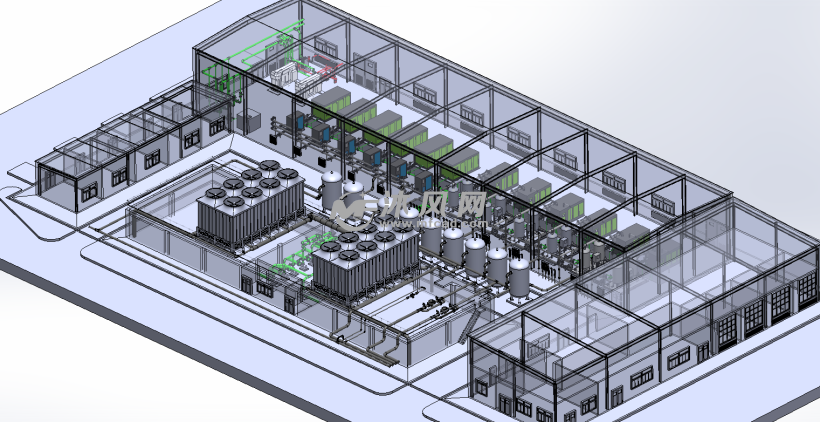 紡織廠壓縮空氣和冷卻水管道三維模型圖側視圖
