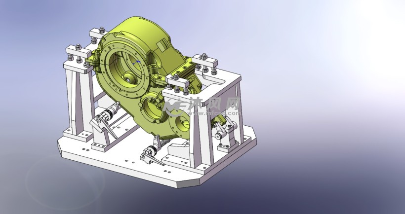 工件装夹图一种箱体的卧加工装,设计了特殊的辅助加紧机构,能有效的