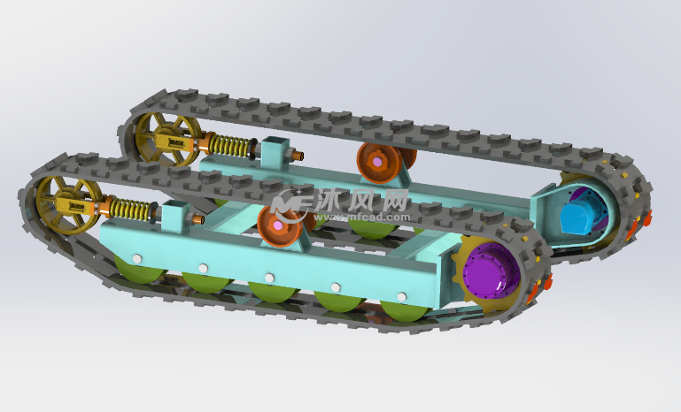 採用solidworks2020版本設計,簡易履帶傳動模型,履帶是由主動輪驅動