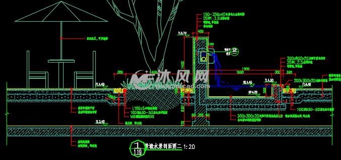 不锈钢溢水帘水景详图含结构水电- 小品及配套设施施工图图纸 - 沐风