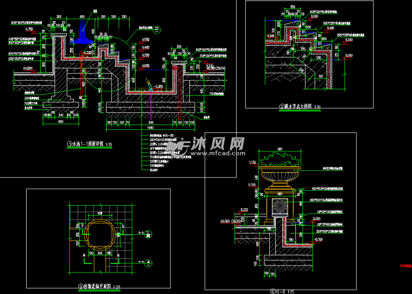 跌水水景涌泉详图含欧式镂空花钵图纸下载_小品及配套设施施工图图纸