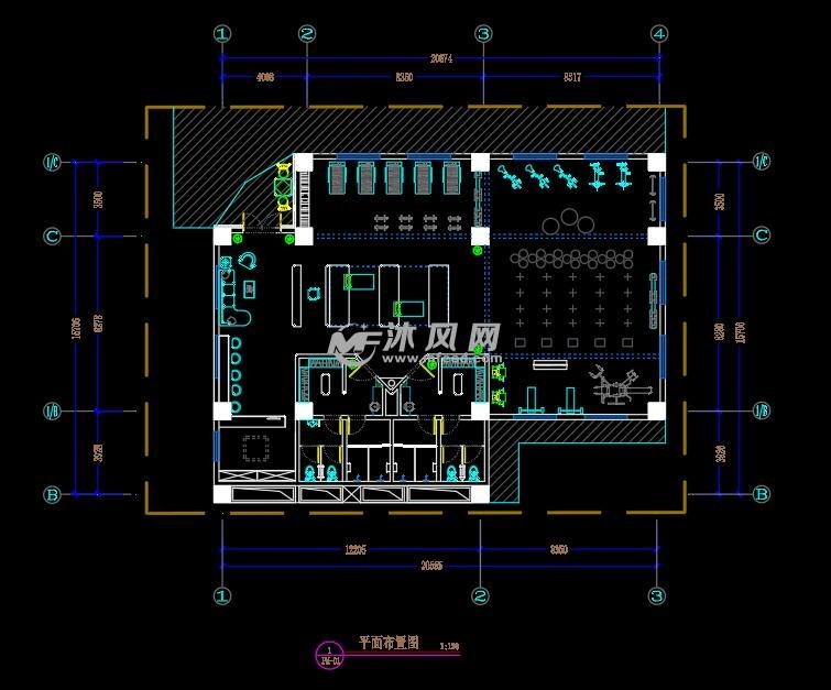 時尚健身房cad施工設計圖- cad建築圖紙 - 沐風網