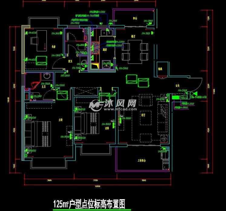 125㎡户型点位标高布置图125㎡户型天花照明平面布置图强弱电箱布置