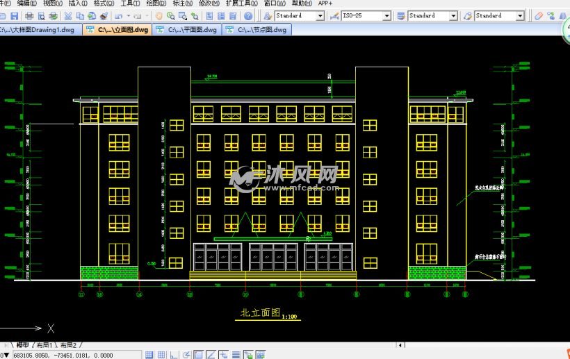 包括:目录,详细设计总说明,科研楼1-3层平面图,建筑外立面图,铝