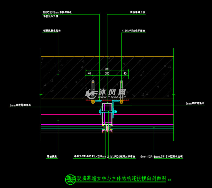 明框玻璃幕墙立柱与主体结构连接横向剖面图