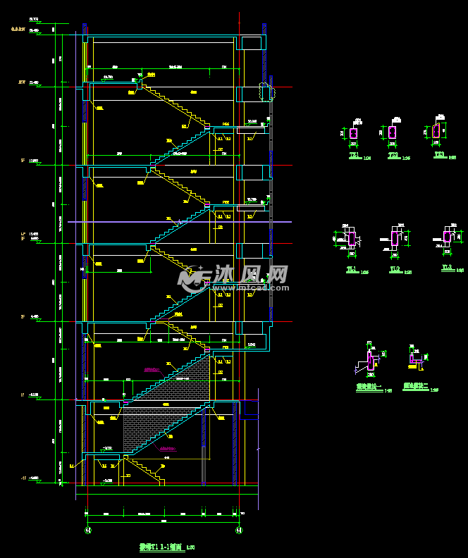 樓梯t1 1-1剖面樓梯t3平面佈置圖樓梯t1詳圖樓梯t剖面圖屋面板配筋圖