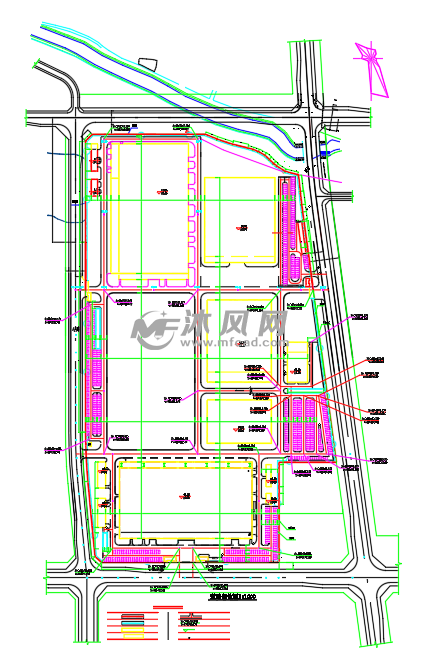 规划图纸:该图纸包括工厂厂区整体布局以及各个车间详细布局尺寸,道路
