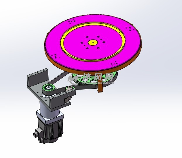轴测图多工位转盘机构:由伺服 减速机驱动,主动轮 锥型套结构通过同步