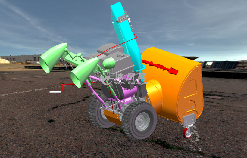 车三维模型,主要包括手动方向控制部分,除雪机构和动力驱动部分,结构