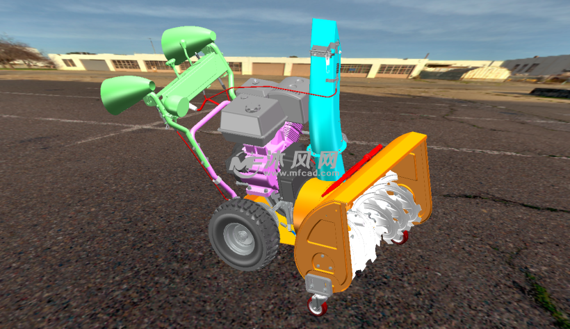 车三维模型,主要包括手动方向控制部分,除雪机构和动力驱动部分,结构