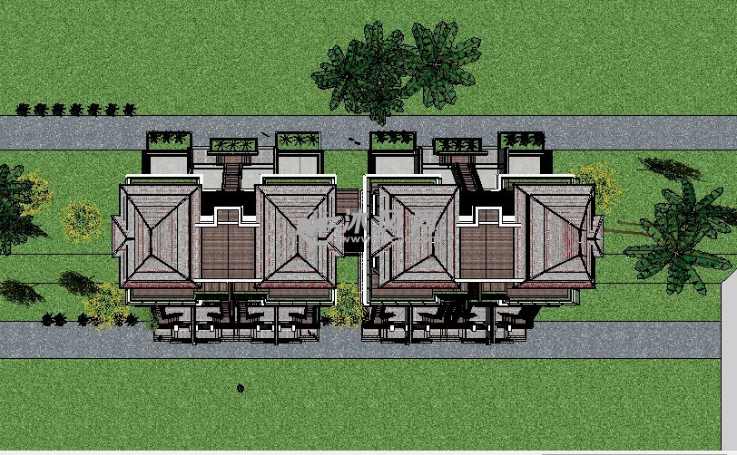 视角视图鸟瞰图傣式别墅su模型,采用傣式的风格设计别墅,别墅为2层
