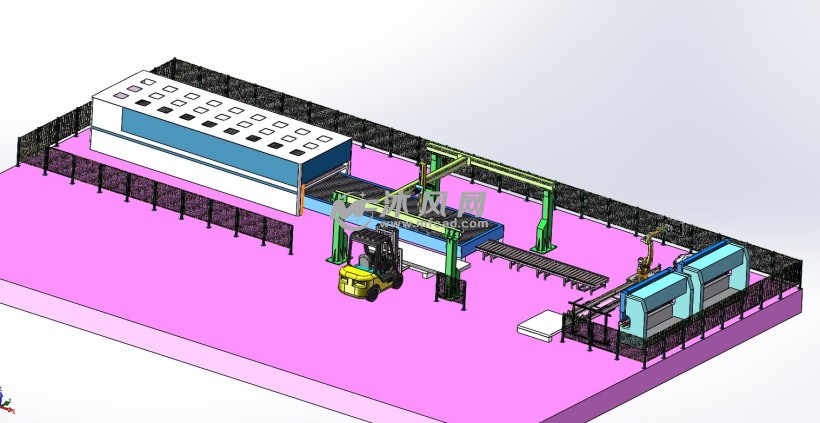 滚筒输送线,折弯机器人及第七轴,翻面平台,对正平台,折弯机等结构组合