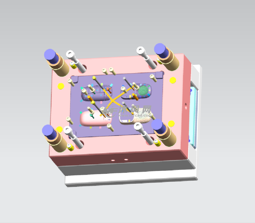 是一款对讲机面壳 底壳的全3d模具设计分模图,采用2 2排位,潜水口进胶