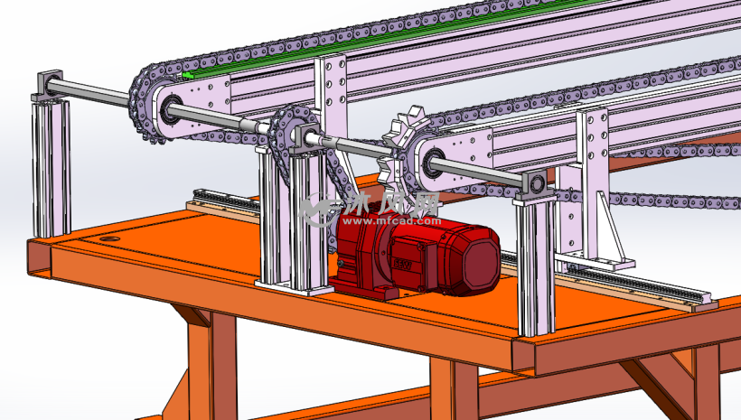输送产品为辊装,可调节链条线宽度,适应不同尺寸产品,动力采用sw电机