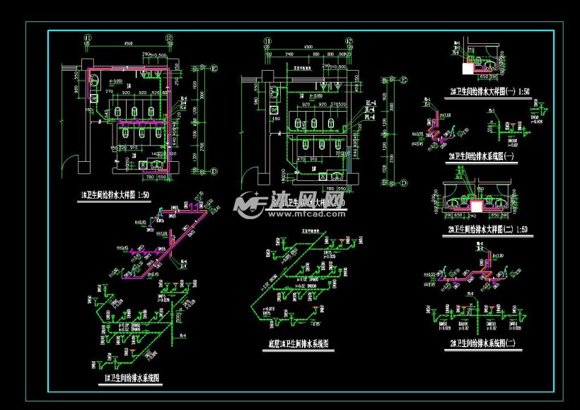 顶层给排水平面图,室内给水系统图,室内消防系统图,卫生间大样图等