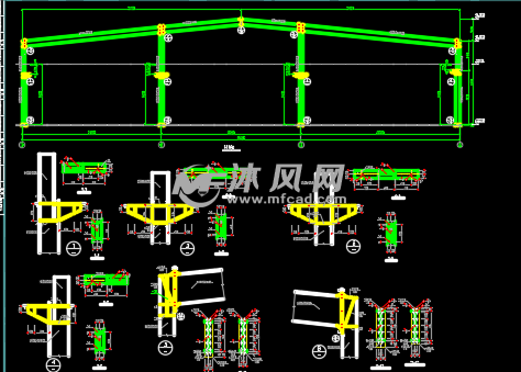 三连跨带吊车抽柱托架门式刚架厂房图- 结构图纸 - 沐风网