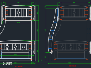 一套实木双层床cad图 - 家具家装图纸 - 沐风网