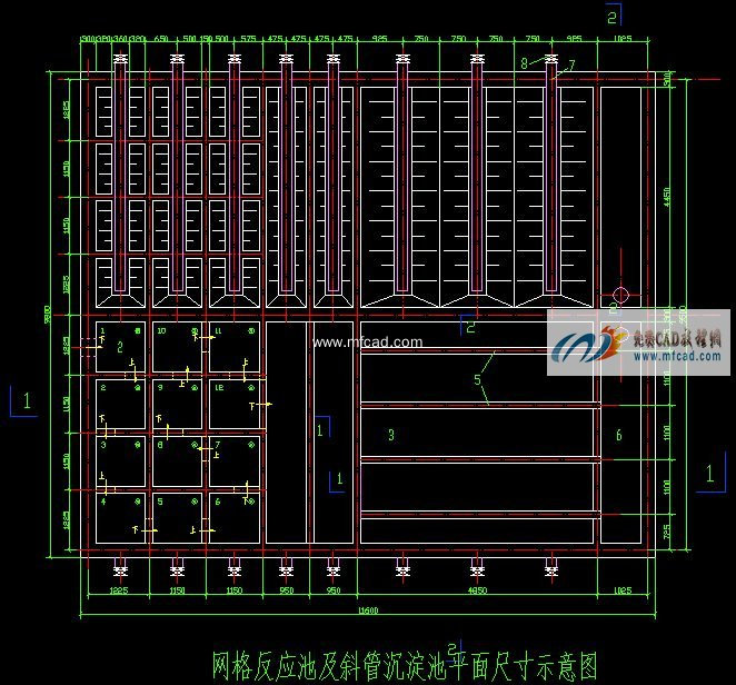 網格反應池及斜管沉澱池平面尺寸示意圖