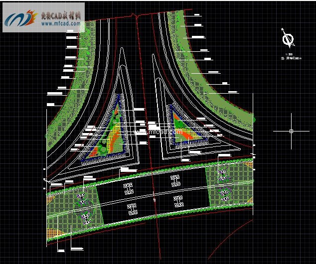 autocad典型道路施工图(二)t型路口绿化